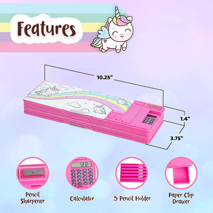 Pop Up Unicorn Pencil Case for Kids, Multifunction Stationery Organizer Box with Calculator, Sharpener, and Pencils