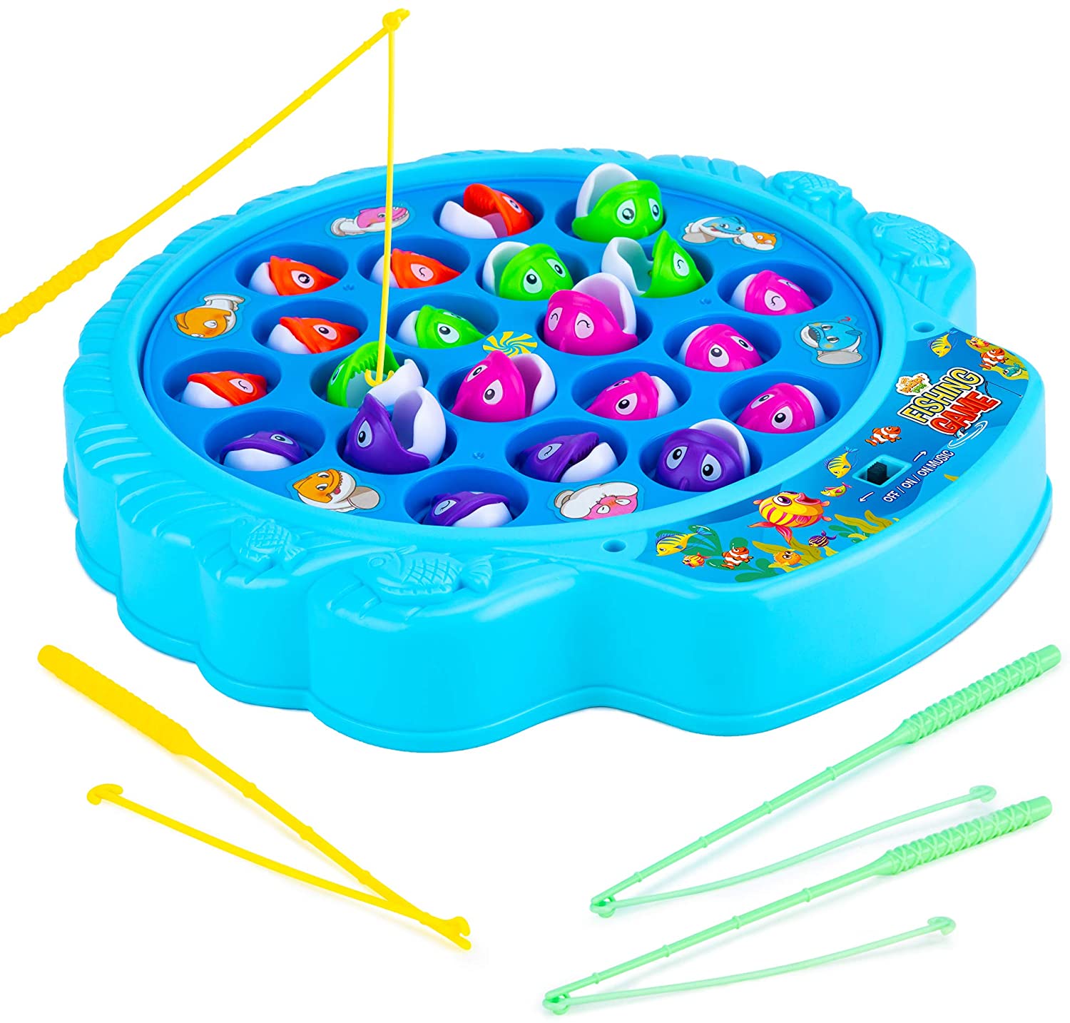 IPIDIPI TOYS Fishing Game Play Set - 21 Fish, 4 Poles, Rotating Board  On-Off Music Switch - Family Board Game, Toy for Kids and Toddlers Age 3 4  5 6 7 and Up 